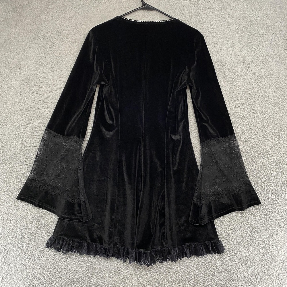 Gothic Velvet Dress Womens L Black Bell Sleeve Lace Ruffle Hem Mini Witchy Y2K - Picture 11 of 13